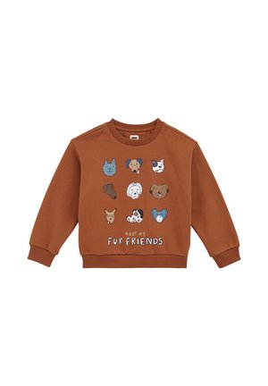Brown sweatshirt featuring a graphic of various dog faces and the text "MEET MY FUR FRIENDS" in white, with ribbed cuffs and neckline.