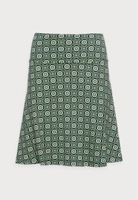 Zelená sukně s vzorem obsahujícím kruhový květinový motiv s akcenty růžové, modré a bílé. Rozšířený tvar a hladká textilie.