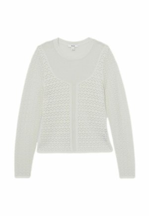 Biały sweter z długim rękawem, dzianinowy, z wzorem w zygzak oraz gładkim panelem na klatce piersiowej i górnej części pleców, okrągły dekolt.