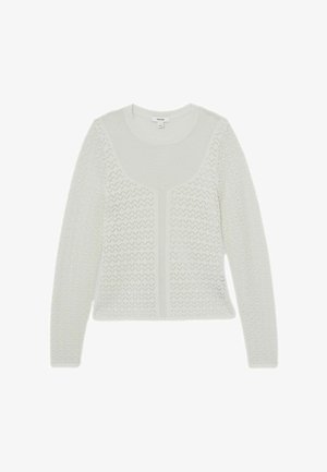 Hvid langærmet strikket sweater med zigzag-mønster og ensfarvet strikket panel på bryst og øvre ryg, rund halsudskæring.