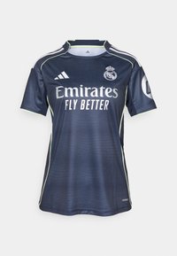 Navy soccer jersey with light green trim, featuring "Emirates Fly Better" logo and Real Madrid emblem, short sleeves, and a round neckline.