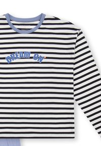 Langarm gestreiftes Baumwollhemd mit schwarz-weißen horizontalen Streifen, einem hellblauen gerippten Kragen und dem Aufdruck "DREAM ON" in Blau.