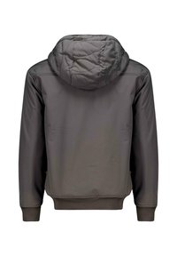Grijze hoodiejack met een gestikte textuur, voorzien van ribgebreide manchetten en onderkant. Gladde, waterafstotende stof met een getailleerde pasvorm.
