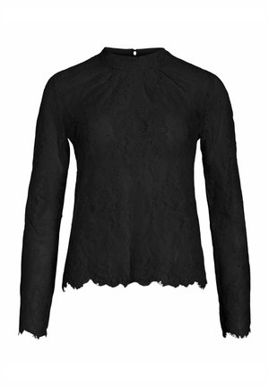 Blouse noire en dentelle à manches longues avec ourlet et poignets festonnés, col montant et petite boutonnière au dos.