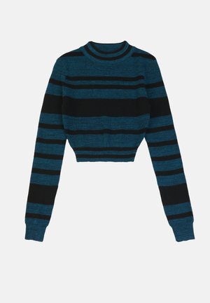 Crop-Pullover aus strukturiertem Stoff mit blauen und schwarzen horizontalen Streifen. Verfügt über einen gerippten Kragen und lange Ärmel.