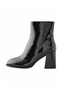 Black ankle boots with a glossy patent finish, square toe, and a block heel. Smooth texture with minimal detailing.