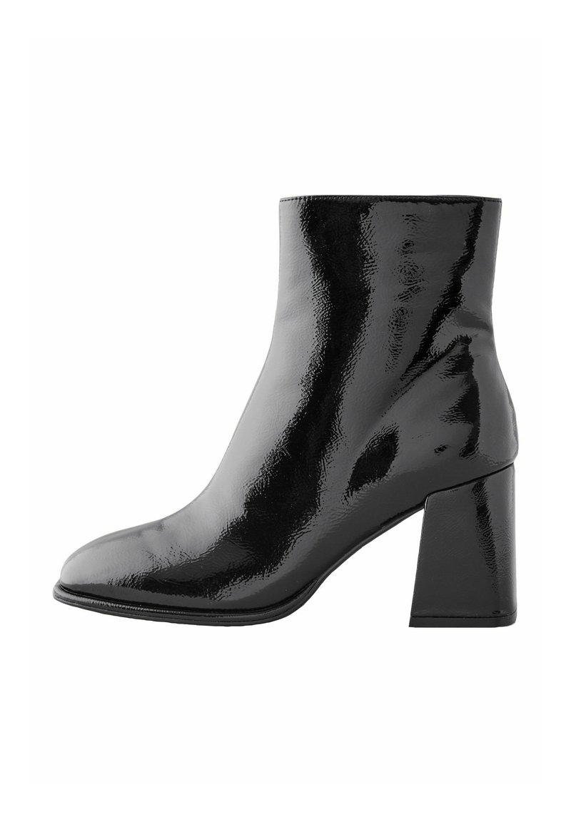 Black ankle boots with a glossy patent finish, square toe, and a block heel. Smooth texture with minimal detailing.