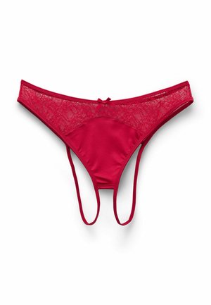 Roter String mit Satin-Finish und Spitzenbesatz auf der Vorderseite. Mit kleiner Schleifenverzierung und dünnen Trägern. Insgesamt weiche Textur.