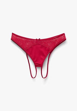 Red thong with a satin finish and lace detailing at the front. Features a small bow accent and thin straps. Soft texture overall.