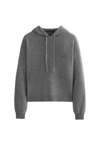 Felpa con cappuccio grigia in maglia, con maniche lunghe, coulisse frontale, polsini e orlo a coste, esposta su uno sfondo bianco.