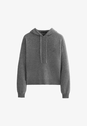 Grau gestrickter Kapuzenpullover mit langen Ärmeln, Frontzugbänder, Rippbündchen und -saum, auf einem weißen Hintergrund präsentiert.