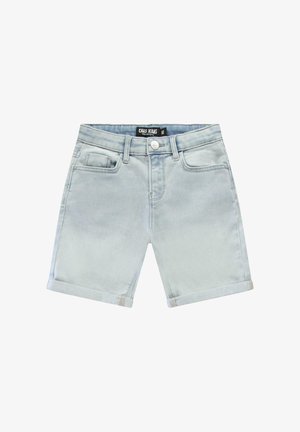 Lichtblauwe denimshorts met opgerolde zoom, voorzien van een knoopsluiting aan de voorkant, riemlussen en twee voorzakken.