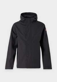 Μαύρο αδιάβροχο μπουφάν με φερμουάρ και κουμπώματα, ρυθμιζόμενη κουκούλα και ορατές ραφές. Περιλαμβάνει λογότυπο στο μανίκι.