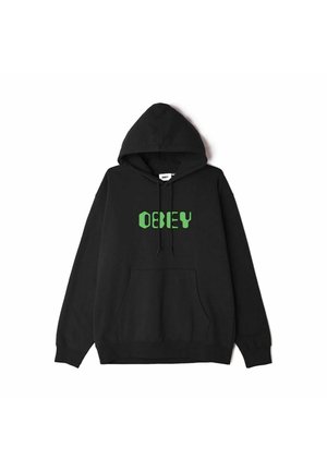Sweat à capuche noir avec poche avant et texte vert "OBEY" centré sur la poitrine.