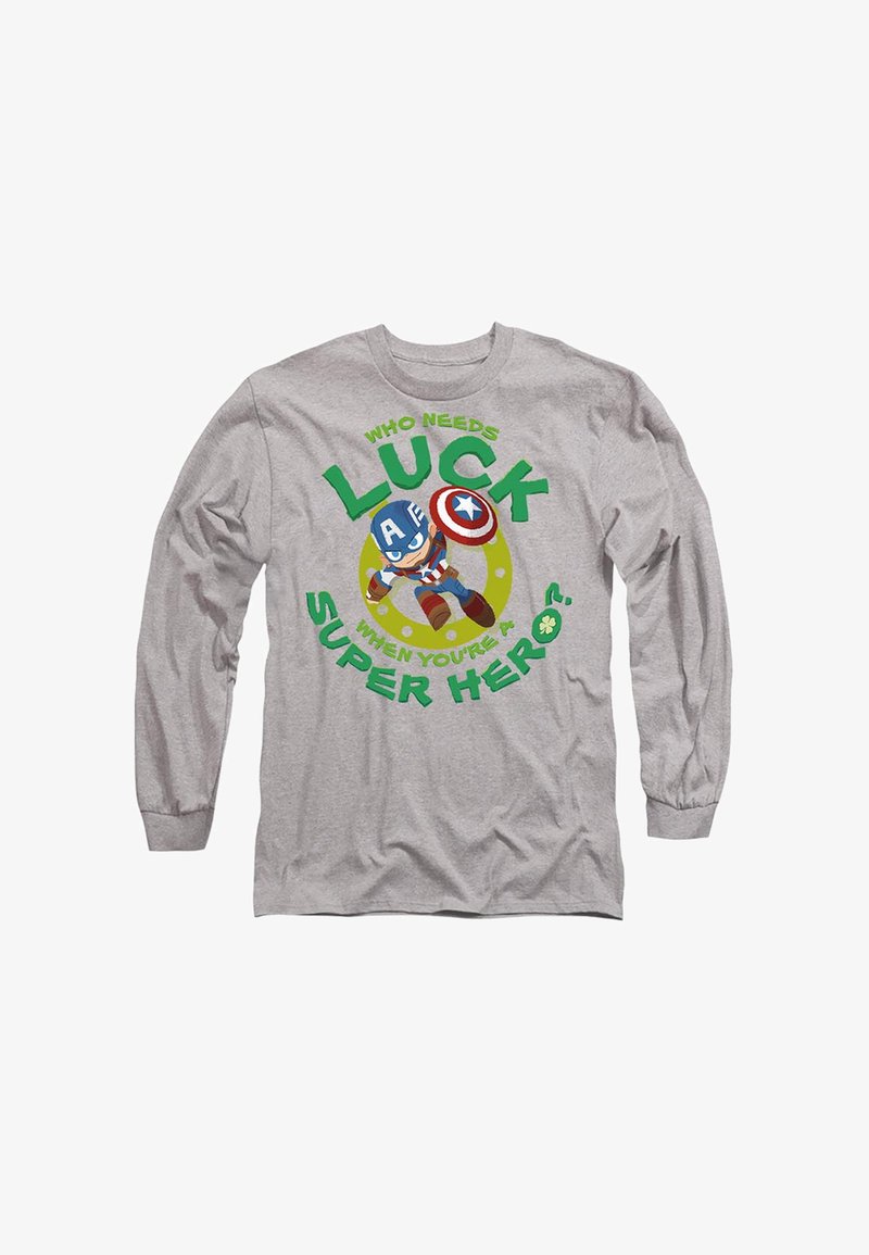 Graues Langarm-T-Shirt mit Cartoon-Superhelden-Design, mit dem Text "Wer braucht schon Glück, wenn man ein Superheld ist?" und bunten Grafiken.