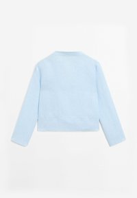 Vaaleansininen pitkähihaisellinen lyhyttoppinen takki, jossa on suora helma ja yksinkertainen kaulus, esitetty takaa yksinkertaisella valkoisella taustalla.