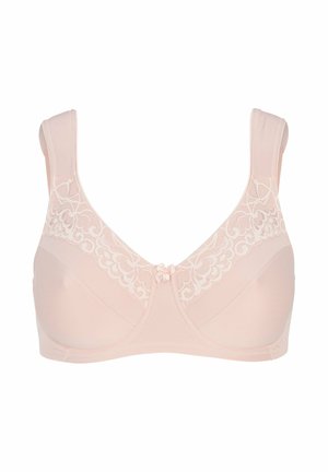 Vaaleanpunainen, pehmeäkuppinen rintaliivit leveillä olkaimilla, pitsireunuksilla kuppien yläosassa ja pienellä keskellä olevalla rusetilla.