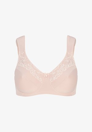 Vaaleanpunainen, pehmeäkuppinen rintaliivit leveillä olkaimilla, pitsireunuksilla kuppien yläosassa ja pienellä keskellä olevalla rusetilla.