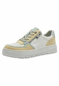 Sneaker bianco e beige con punta perforata, dettagli azzurri e una cerniera laterale. Presenta pelle testurizzata e suola in gomma.