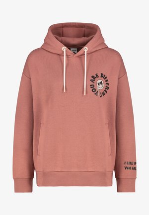 Staubrosafarbener Hoodie mit einer Fronttasche, Kordelzugkapuze und schwarzem Drucktext: "DU BIST ANDERS" und "ICH MAG DICH SO WIE DU BIST."