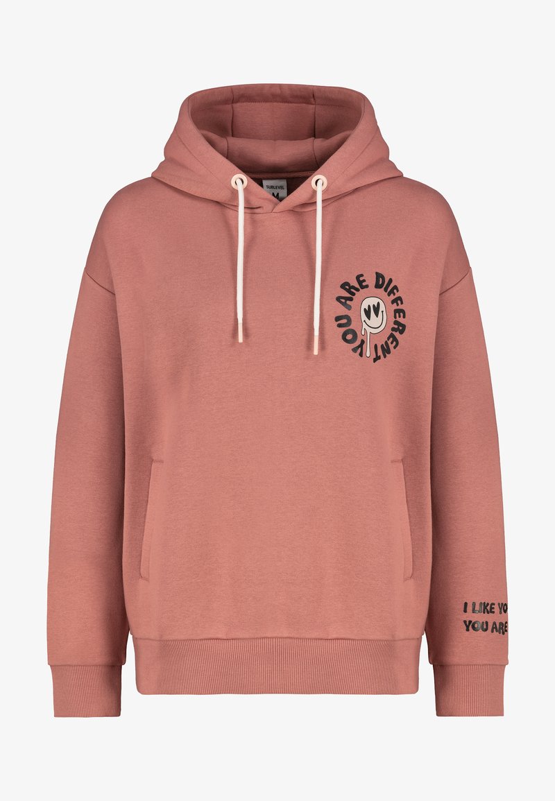 Stofroze hoodie met een voorzak, een capuchon met trekkoord en zwarte tekst: "JE BENT VERSCHILLEND" en "IK VIND JE LEUK JUIST OM WAAR JE BENT."