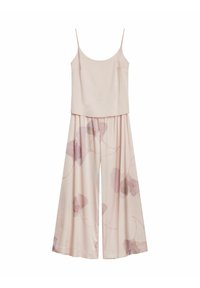 Jasnoróżowy kombinezon na cienkich ramiączkach. Posiada dopasowaną góra i szerokie nogawki z delikatnym wzorem liści miłorzębu w ciemniejszym różu. Materiał przypominający jedwab.