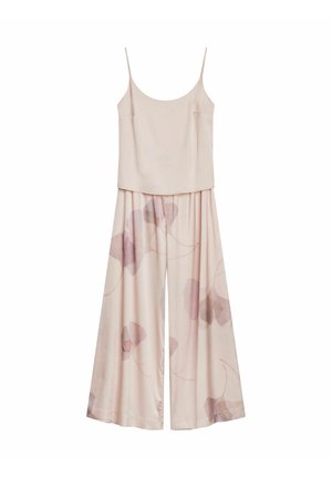 Jasnoróżowy kombinezon na cienkich ramiączkach. Posiada dopasowaną góra i szerokie nogawki z delikatnym wzorem liści miłorzębu w ciemniejszym różu. Materiał przypominający jedwab.