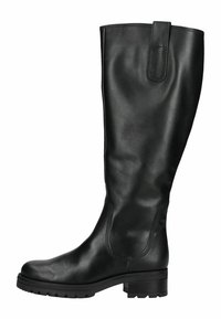 Zwarte kniehoge laars van glad leer met een gestructureerde schacht, vierkante punt en een lage, chunky zool met grippatronen.