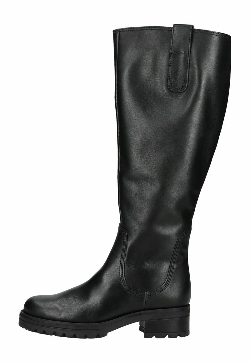 Zwarte kniehoge laars van glad leer met een gestructureerde schacht, vierkante punt en een lage, chunky zool met grippatronen.