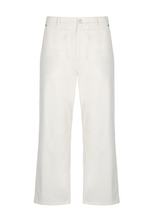Pantaloni bianchi a gamba dritta con chiusura frontale con bottone e zip, passanti per cintura e tasche laterali, mostrati su sfondo bianco.