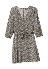 Blommigt mönstrad klänning i svart och vitt, med V-urringning, trekvartsärmar, åtsittande midja och avtagbart knytbälte. Mjuk tygstruktur.