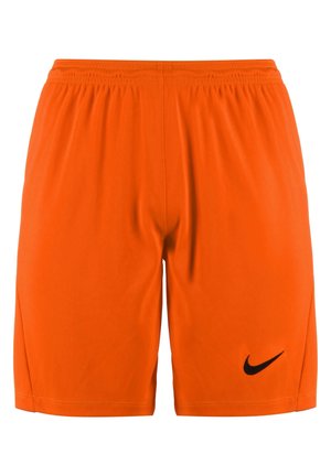 Bright orange athletic shorts with elastic waistband and black Nike swoosh logo on the lower right leg.