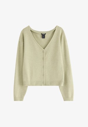 Helles grünes, kurzes Cardigan aus weichem Strickmaterial, mit V-Ausschnitt, langen Ärmeln und sechs Knöpfen auf der Vorderseite.