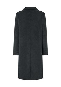 Manteau en laine gris foncé à coupe droite, à manches longues, avec un col cranté et une fente arrière simple. Texture lisse, design minimaliste.
