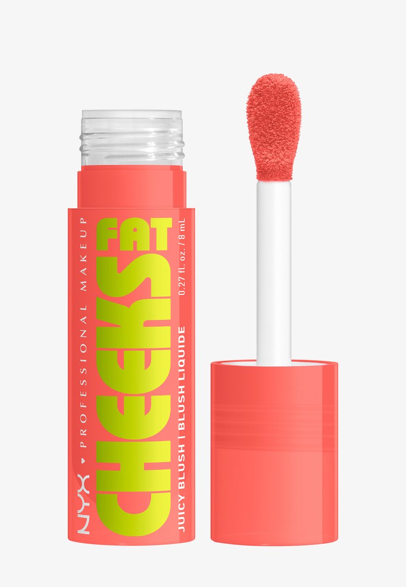 Blush liquido in un tubo corallo brillante con testo giallo audace. Presenta un morbido applicatore per un'applicazione precisa.