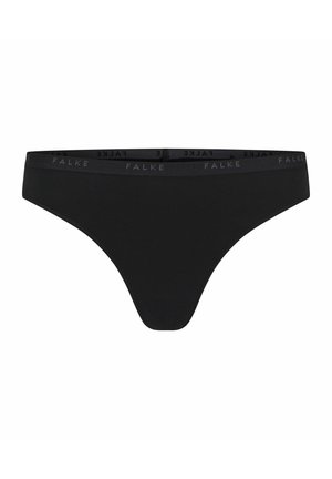 Perizoma nero con texture liscia, caratterizzato da una fascia stretta con il marchio "FALKE" in grigio. Design semplice e minimalista.