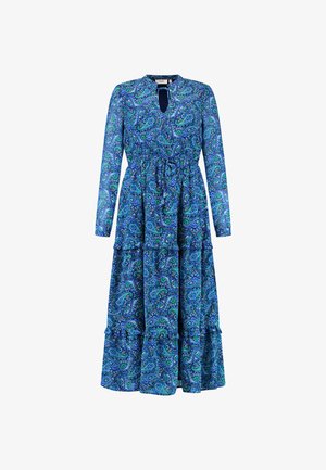 Dolga modra obleka z vzorcem paisley, ključavnico na vratu, elastičnim pasom in večplastnim volanastim robom. Narejena iz lahkotnega materiala.