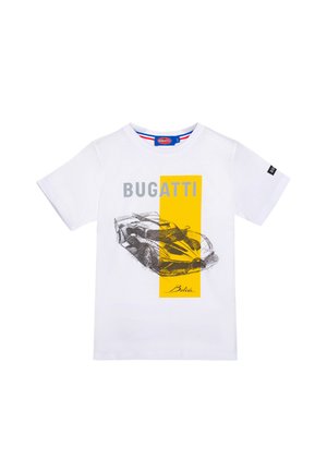 White short-sleeve t-shirt with a black car sketch over a yellow rectangle, "BUGATTI" text above and "Bolide" signature below.