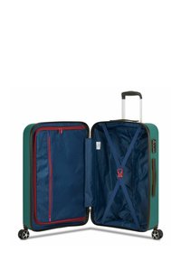 Valigia rigida verde, con interno blu navy. Include una tasca con zip, cinghie incrociate e doppie ruote per la mobilità.