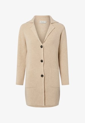 Beiger, gerippter Cardigan mit Kragen, drei schwarzen Knöpfen und zwei Fronttaschen. Das strukturierte Strickmaterial verleiht dem Design Tiefe.