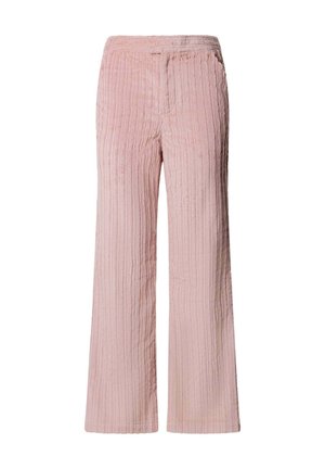Pantaloni a gamba larga in velluto a coste rosa con vita alta e dettagli sottili nella cucitura frontale, mostrati su sfondo bianco.