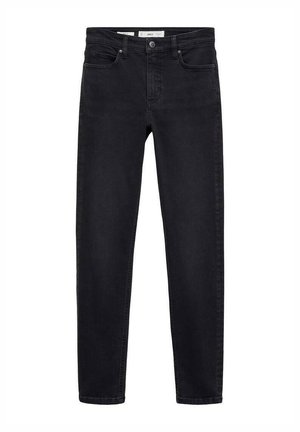 Schwarze Denim-Jeans mit schmaler Passform. Mit klassischem Fünf-Taschen-Design, Gürtelschlaufen und einem Reißverschluss mit Knopfverschluss. Weicher Stoff.
