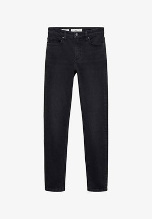 Sorte denimjeans med slim fit. Har klassisk fem-lomme design, bæltesløjfer og en lynlås med knaplukning. Blød tekstur.