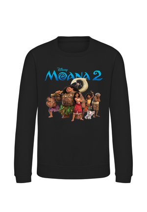 Sort sweatshirt med Moana 2-titel og seks animerede figurer, inklusive Moana, Maui og en gris, der står sammen i farverigt tøj.