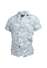 Camisa de manga corta abotonada en algodón blanco con estampado de paisaje en azul claro, que presenta botones de madera y un detalle contrastante en el interior del cuello.