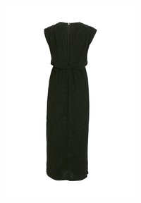 Abito lungo nero in un tessuto strutturato e luminoso. Presenta maniche corte, una vestibilità comoda e una chiusura a oblò sulla schiena. Dettaglio a zig-zag.