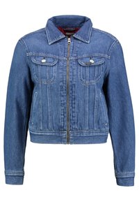 Denim jacket in medium blue featuring a zip front, pointed collar, two chest pockets, and ribbed hem. The fabric has a textured finish.