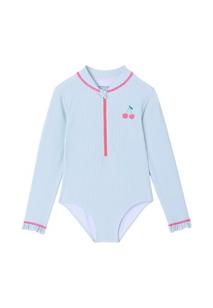 Light blue and white striped long-sleeve swimsuit with pink zipper front, cherry graphic on chest, and pink trim on collar and cuffs.
