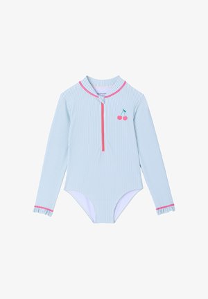 Light blue and white striped long-sleeve swimsuit with pink zipper front, cherry graphic on chest, and pink trim on collar and cuffs.
