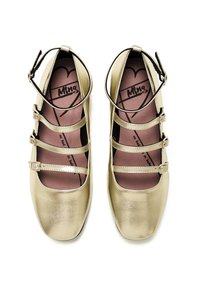 Ballerine metallizzate oro con multiple cinghie regolabili, punta arrotondata e soletta rosa chiaro con un design del logo.
